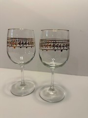 2 Wine Glasses Hand painted Gold Festive 7 1/2 inches beautiful scrolling