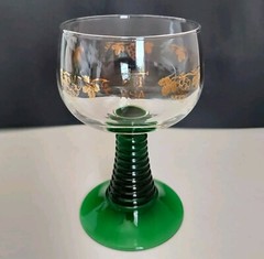 3 Vtg Luminarc Roemer Gold Grapevine Etch Wine Goblet Cordial Green Beehive Stem