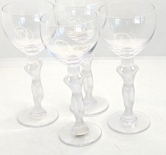 Vintage Bayel Crystal Frosted Nude Female Figure Wine Glasses Set of Four