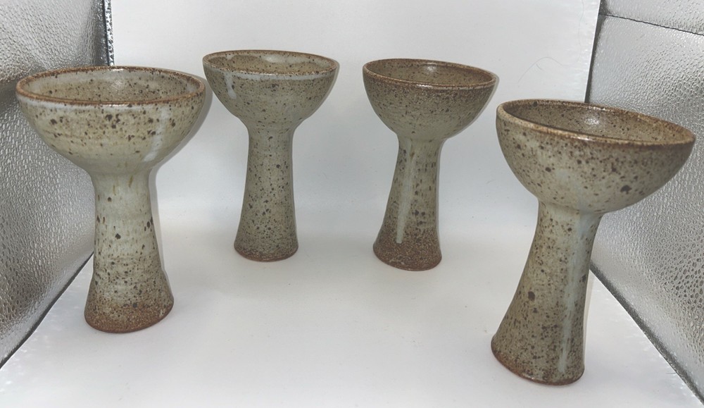 Studio Pottery Goblets Speckled Pedestal Cups Stoneware Signed Set 4 Hand-thrown