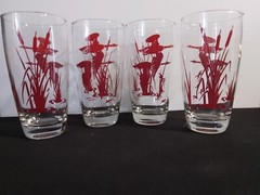 Set of 4 Vintage Clear Glass Tumblers with Red Flying Geese & Cattails 12 oz.