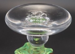 Hand Blown Art Glass Goblet Red with Green Leaves on base 2003 signed 8″ High