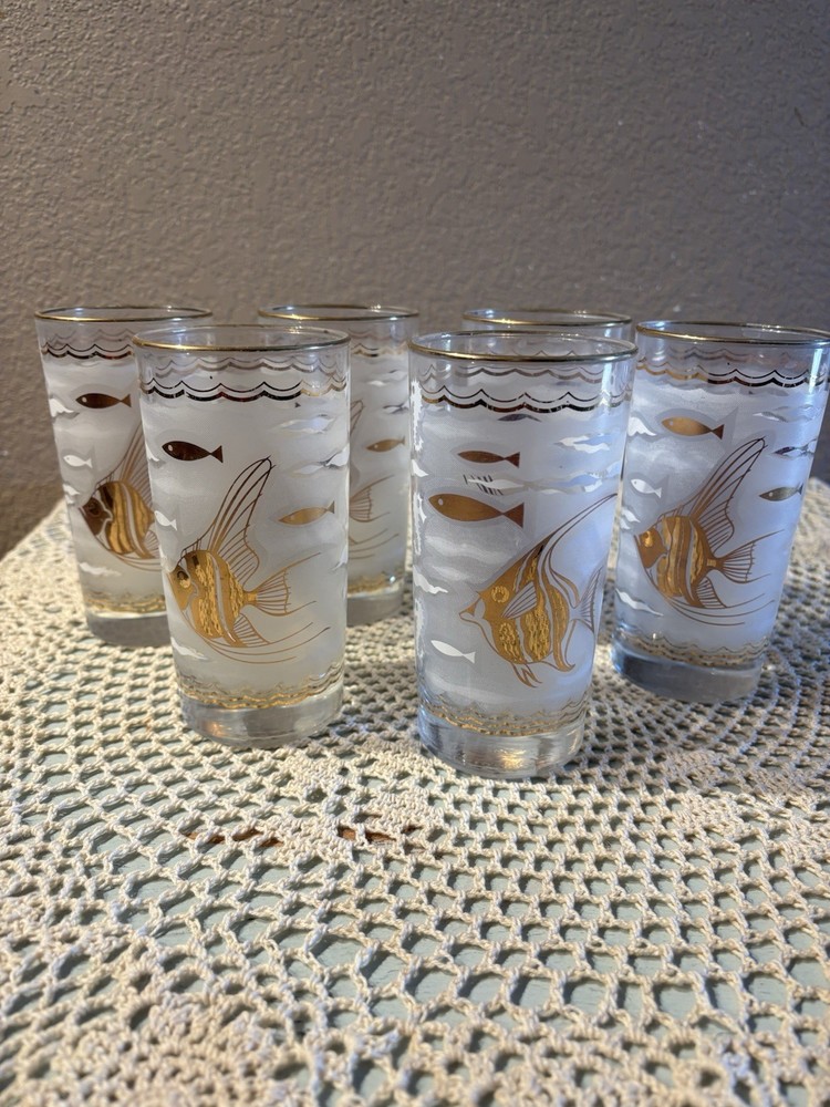 6 Libbey MARINE LIFE Glasses Fish Seahorse Gold Aqua 1950s MCM Cocktail