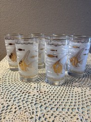 6 Libbey MARINE LIFE Glasses Fish Seahorse Gold Aqua 1950s MCM Cocktail