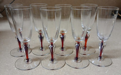 8 Morgantown Cordial Glasses Multifacited Fischer Spanish Red Filament Stems