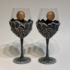 Set of 2 Handmade Kose Wine Art Wine Goblet Glasses Crafted in Bulgaria 10”