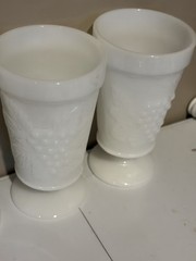 Milk Glass Anchor Hocking Grape Pattern Footed Tumblers 6.625″ Vintage Set Of 3
