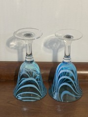 Hand Blown Glass Wine Water Goblets Blue Teal White Swirl Pattern Set of 2