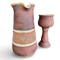 VTG 70s Studio Pottery Wine Pitcher Goblets Wood Caddy Set 5pc Grape Brutalist