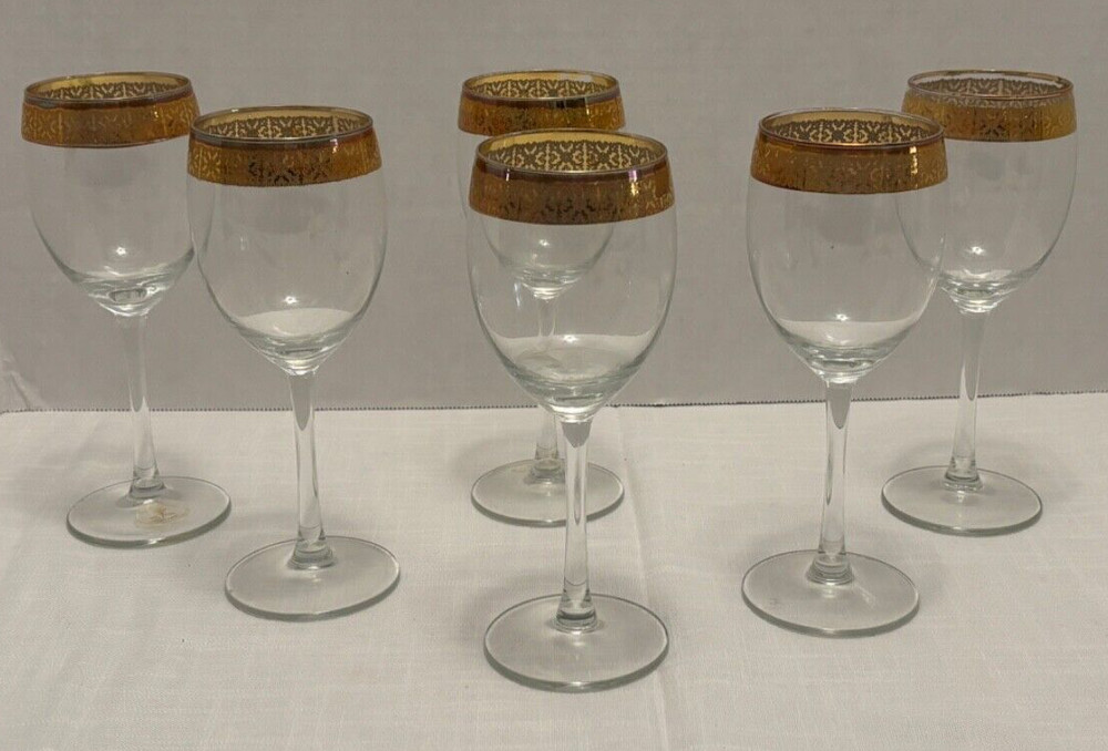 6 J Preziosi Vintage Gold Gilt Rim WINE GLASSES Italian Hand Worked Crystal