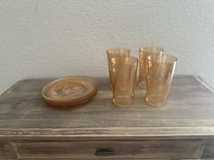 Jeannette Glass Plates + Cups Carnival Iridescent Marigold Honeycomb 10 oz