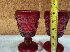 Vintage IVIMA Portugal Scroll Ruby Red Goblets 4 Part Mold Baroque Pair Set 2