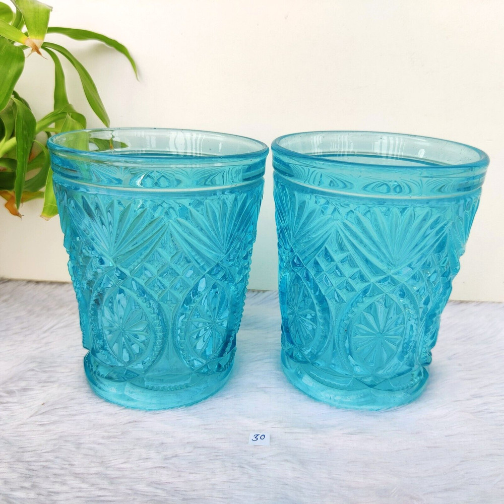 Vintage Aqua Blue Glass Tumbler Set of 2 Belgium Old Barware Collectible GT111