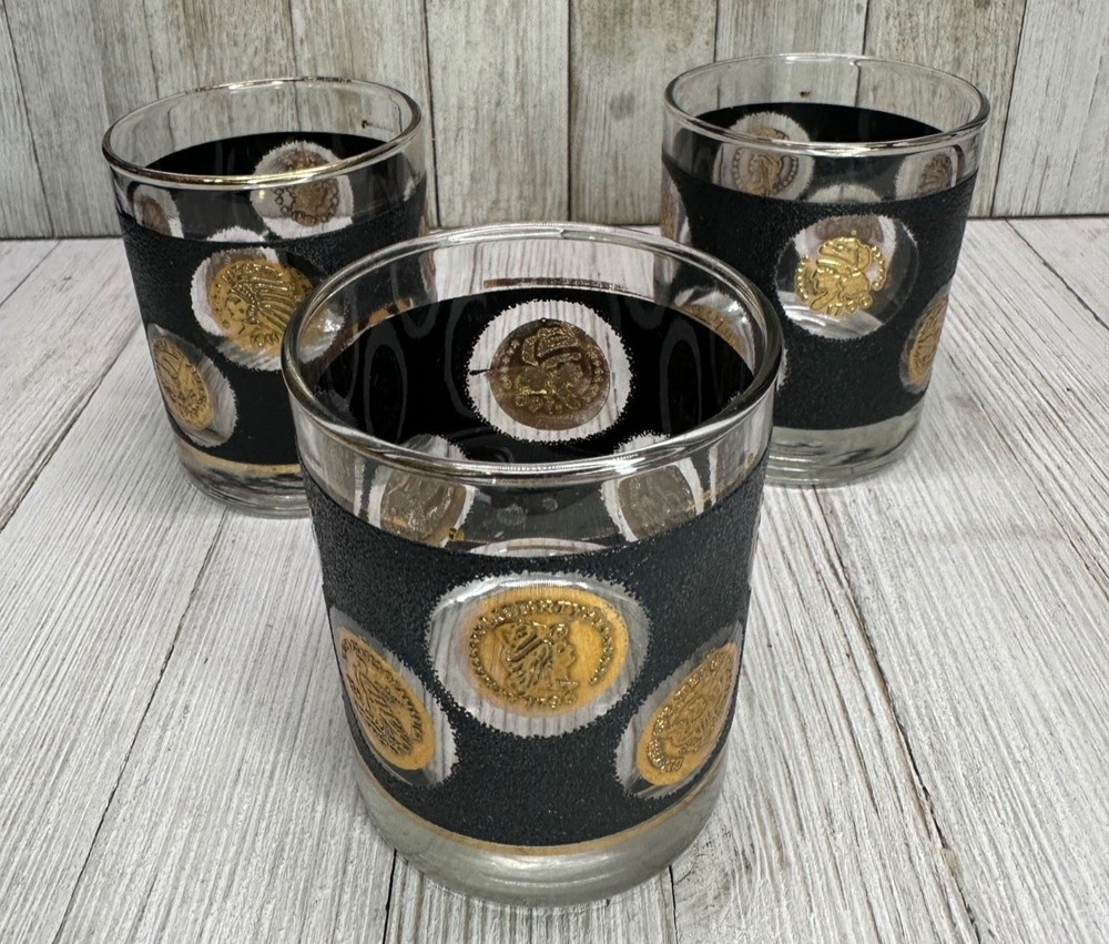 Vtg Libbey Gold Coin Lowball Whiskey Glasses Old Fashion Barware 3.5″ T Set of 3