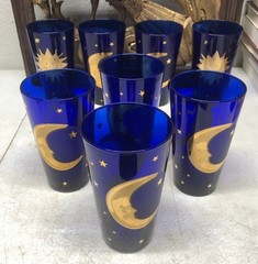 Vintage 22K Culver Sun Moon Stars Celestial Cobalt Blue 16 oz Set of 8