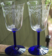 Antique Set 2 WATER GOBLET GLASSES Hand Blown ETCHED BOWL w/ COBALT BLUE STEMS