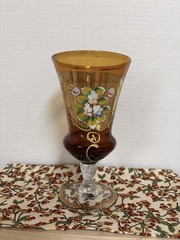 Vtg Moser Bohemian Amber Glass Goblet Gold Gilt & Floral Enamel Design EUC