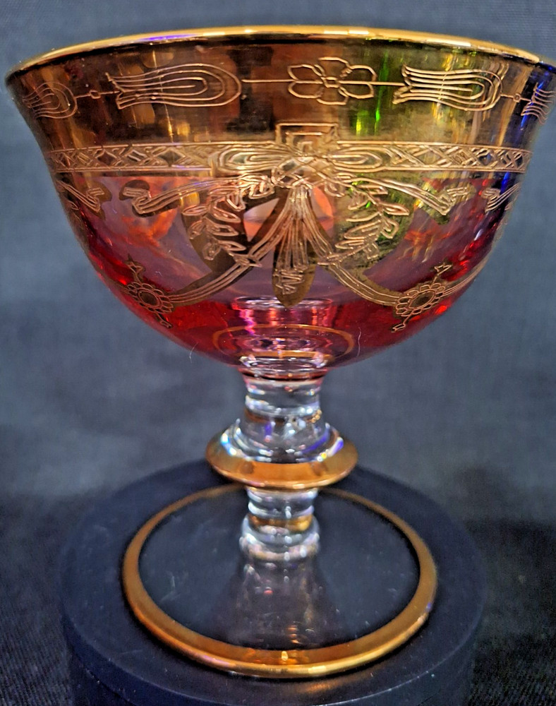 Vintage Cranberry Glass Champagne Coupe Gold Gilt Décor Bohemian Style
