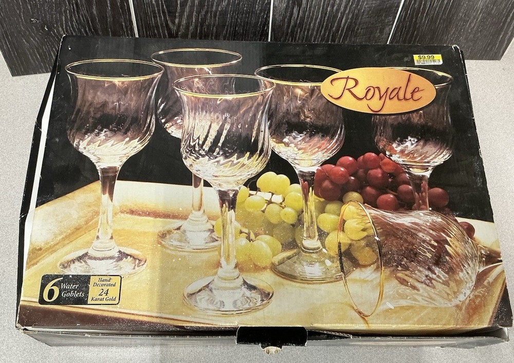 Vintage Royale 4 Water Goblets Hand Decorated 24 Karat Gold With Box