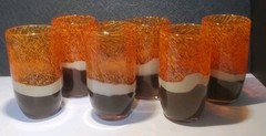 6 PIER 1 TUMBLERS MOUTH BLOWN TRI-COLOR ORANGE SPECKLE CREAM BROWN 16OZ GLASSES
