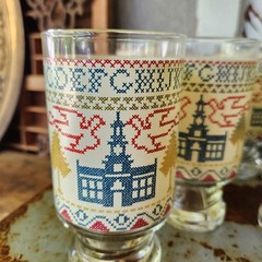 Anchor Hocking Bicentennial Glasses Set Of 6 Vintage Cross-Stitch Folk Art