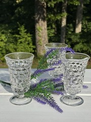 4 Vintage Fostoria American Clear Footed 4 oz Juice Glasses 4-3/4″ Tall, Cubist
