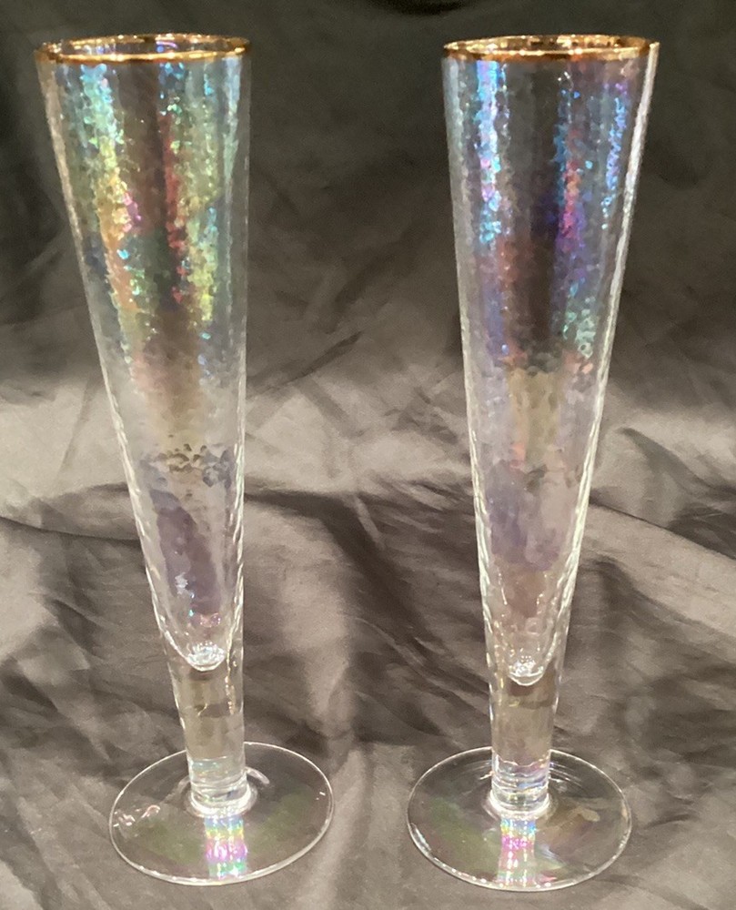 2 ZODAX CHAMPAGNE FLUTES CLEAR HAMMERED IRIDESCENT GOLD RIM 9 1/4”T LOOK UNUSED