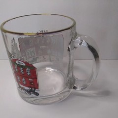 Christmas Village Snow Scene Horse & Sleigh gold trim Glass 13oz Cup Mug USA