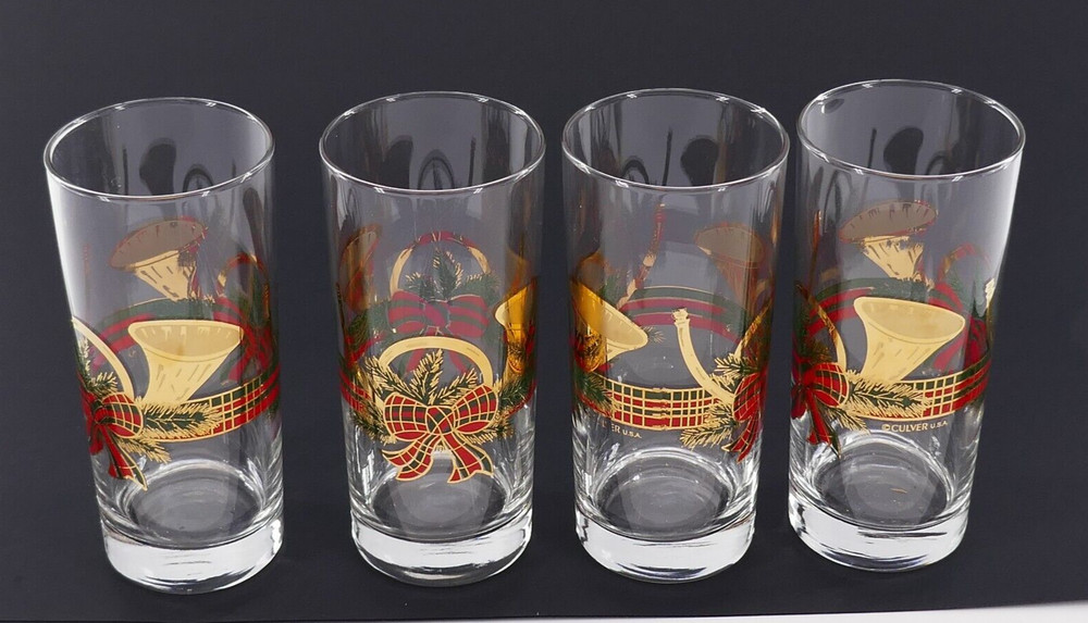 4 CULVER 22 K GOLD 6.25″ CHRiSTMAS YULE FRENCH HORN RiBBON BOW 16 oz GLASSES SET