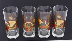 4 CULVER 22 K GOLD 6.25″ CHRiSTMAS YULE FRENCH HORN RiBBON BOW 16 oz GLASSES SET