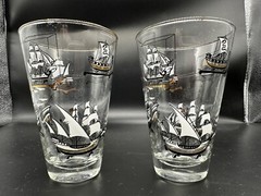 set of 2 MCM sailing ships with gold detail barware tumbler glasses