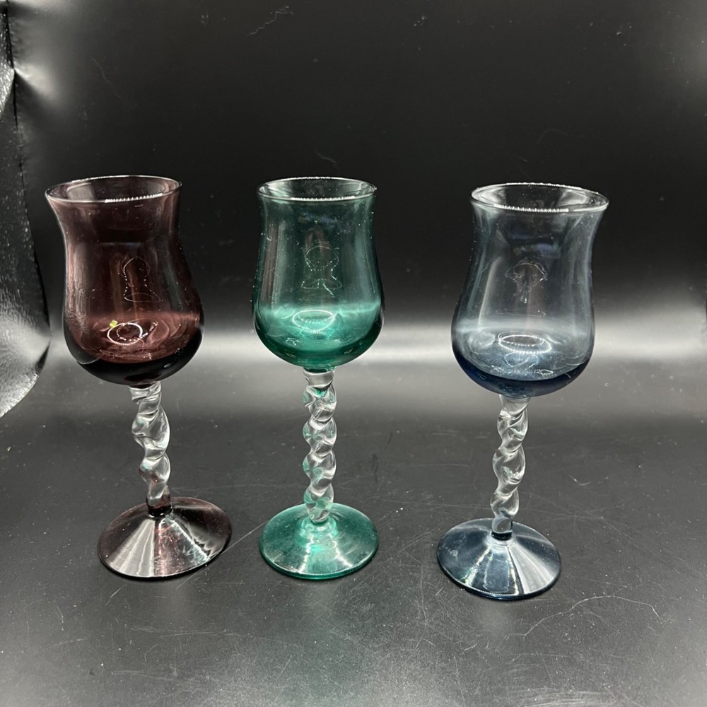 Vintage Hand-Blown Twisted Stem Cordial glasses Set Purple Green & Blue MCM