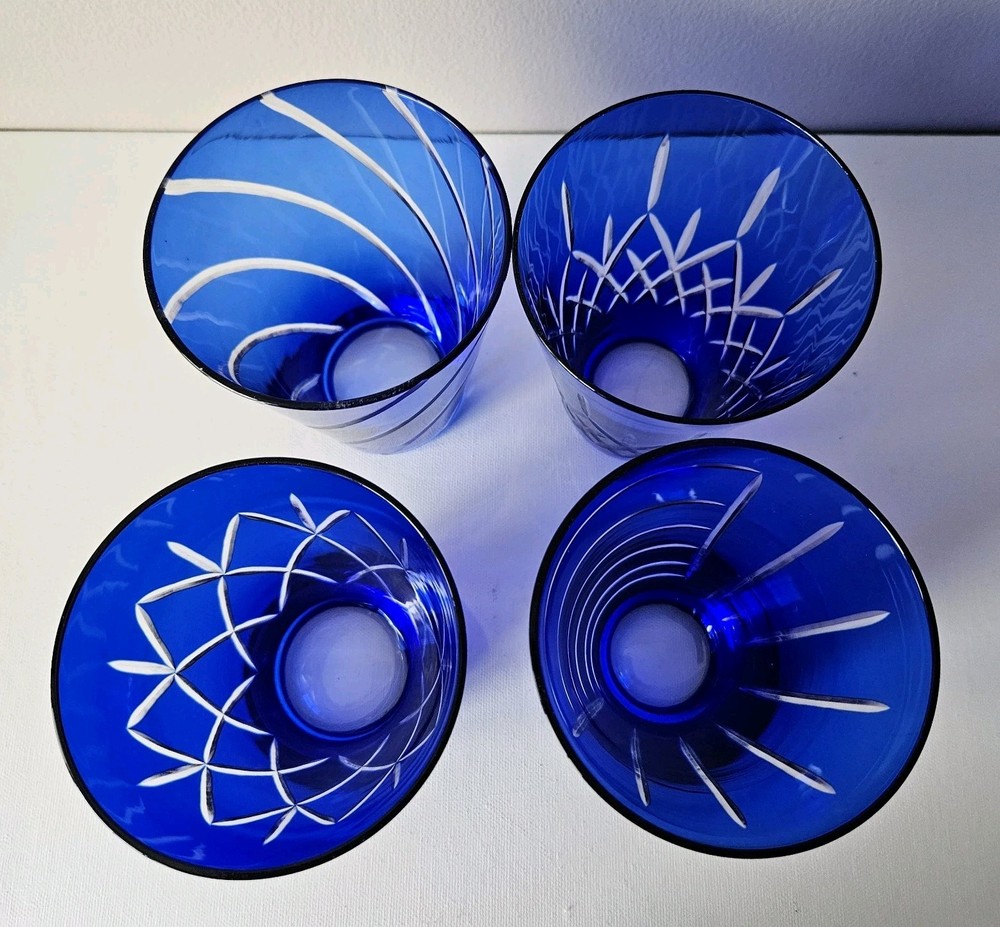 4 Cobalt Blue Cut To Clear Glasses Tumblers All Different Cut Patterns 4.75″
