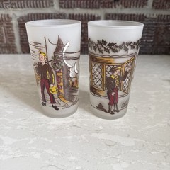 2 Hazel Atlas Dickens Series 10oz. Frosted Glass Oliver Twist Tiny Tim Vintage