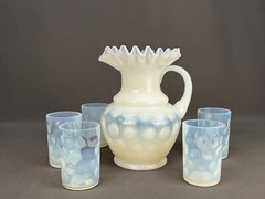Antique White Opalescent Inverted Thumbprint Glass Water Pitcher + 5 Tumblers