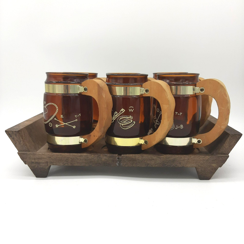 Vintage Siesta Ware Western Beer Mugs Set Of 6 Amber Wood Handles Tray Barware