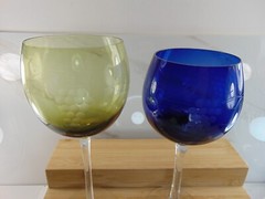 Tall Light Green and Blue Cut To Clear Crystal Wine Glasses Stem Goblet Set of 2