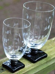 RARE Set 2 FOSTORIA MILLEFLEUR BLACK STEM/FOOT Glasses TUMBLER & JUICE Cut Flora