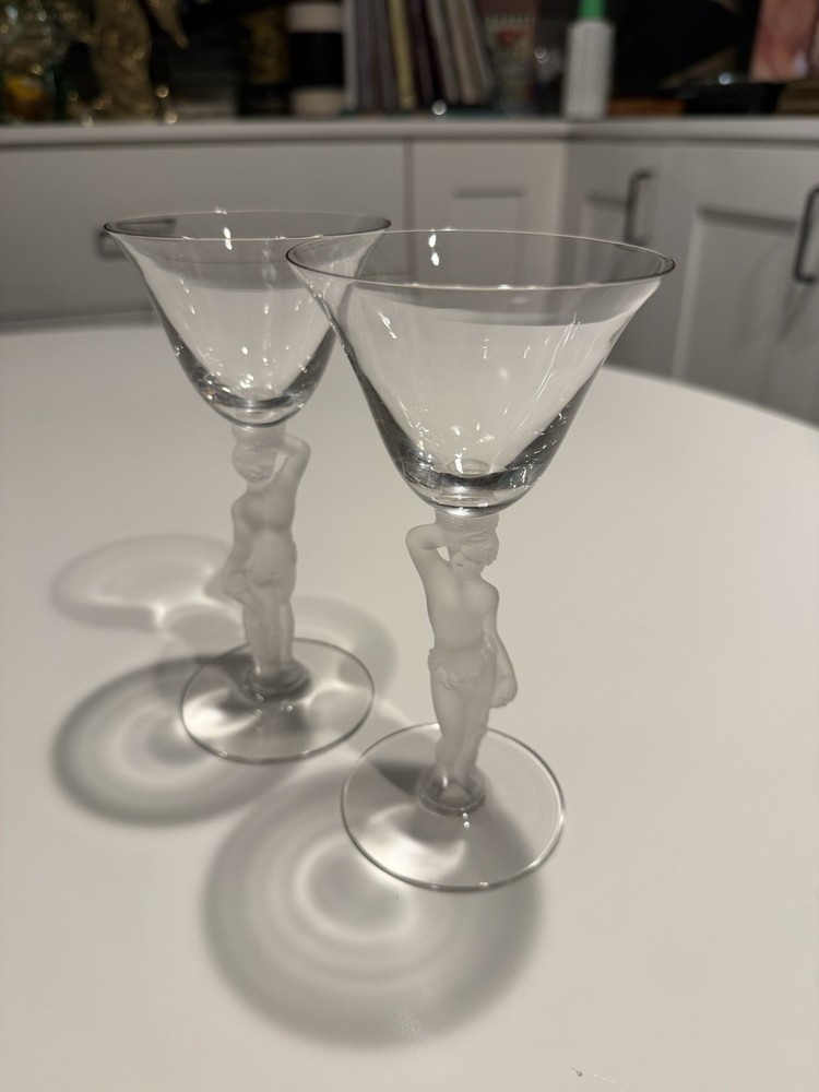 Crystal Frosted Nude Male Bacchus Cordial Liqueur Glass Figural Set of 2 – Taper