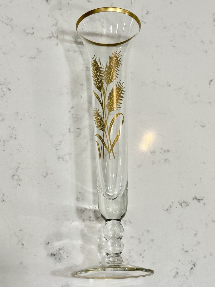 MCM Vintage Fluted 10” Footed Bud Vase Clear Glass Gold Wheat Design Gold Trim