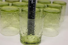 Set of 13 oval, green bubbled glass drinking glasses, 12 fluid oz capacity