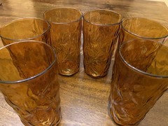 6 Vintage MCM Amber Drinking Tall Glass Tumbler 6 “ Unique Design