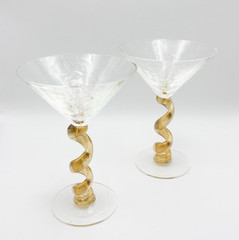 Set x 2 Union Street Glass Gold Spiral Stem Martini Cocktail Glasses 7” Signed