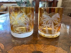 Vintage Leaded Cut Crystal Whiskey Glasses Palm Tree Tropical Set of 2