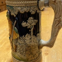 DBGM Original Vintage Signed German Ceramic Painted Glazed Pewter Lid Beer Stein