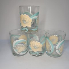 Culver Double Old Fasioned Rocks Glass Set Of 4 Pastel Floral Hibiscus vtg