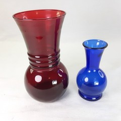 Vintage Anchor Hocking Small Glass Flower Vases- Ruby Red & Cobalt Blue Lot Pair