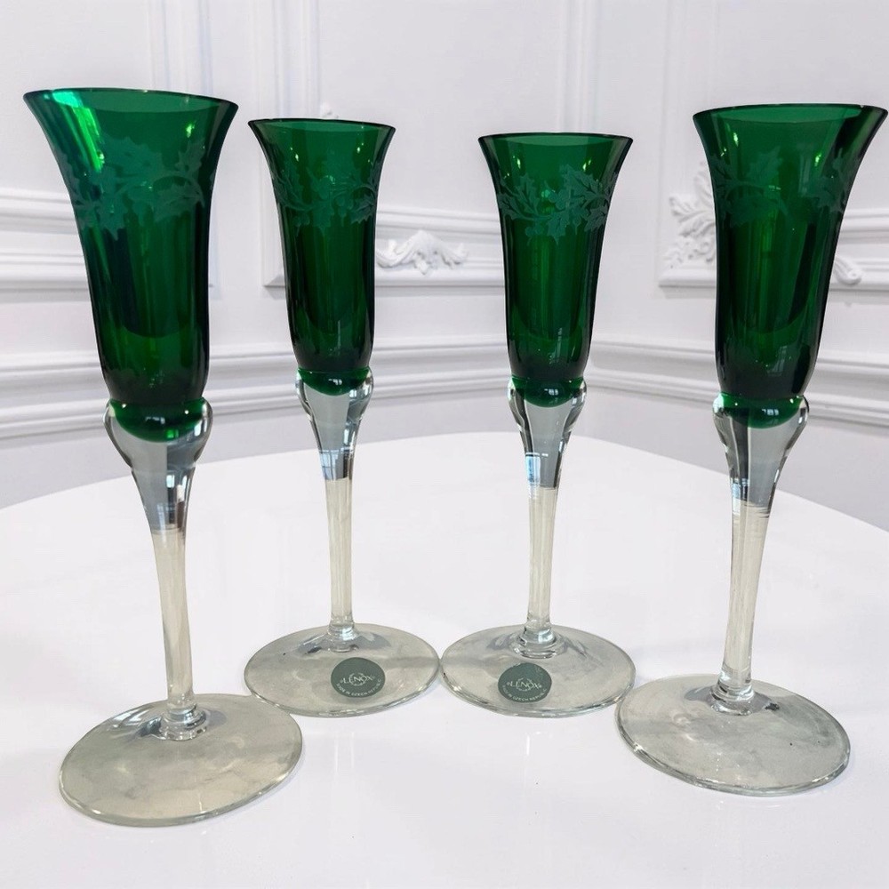 Lenox Holiday Gems Emerald Champagne Flutes Set 4 Crystal 7-1/2″ Tall