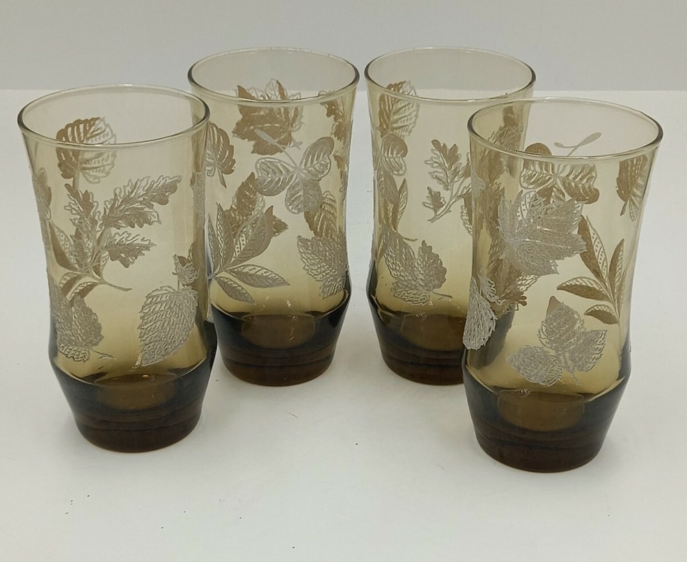 Vintage Libbey 12 Oz. Glass Tumblers Raised Leaves Pattern Set Of 4