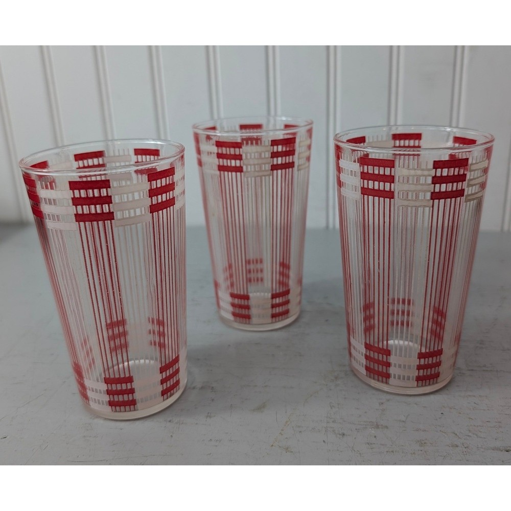 Vintage Mid Century Geometric Striped Juice Modern Glasses Red White Set of 3